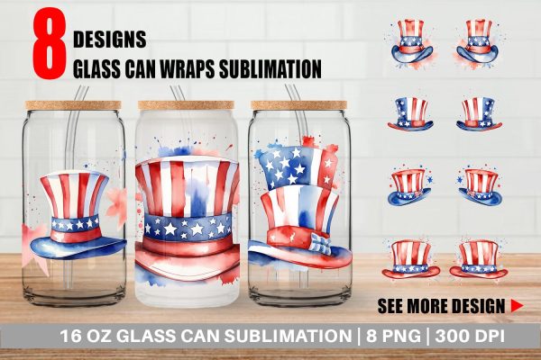 Glass Can Wrap Watercolor Hat Patriotic Sale