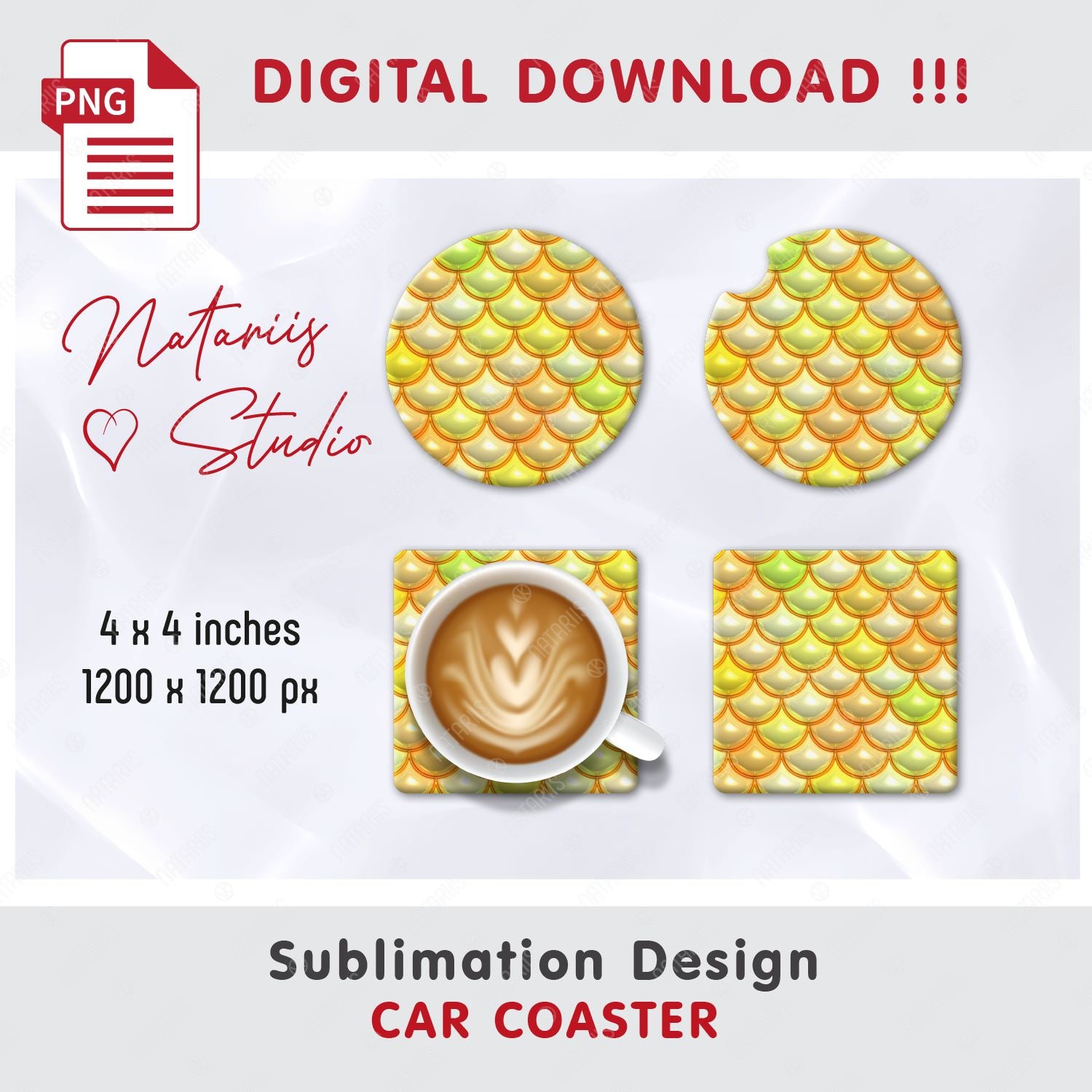 Puffy Mermaid Scales Design. Coaster Sublimation Template. Fashion