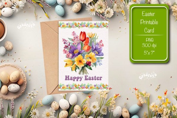 Printable Easter card Watercolor Easter Flowers Spring card Online now