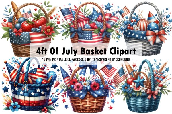 Watercolor 4ft Of July Basket Clipart For Discount