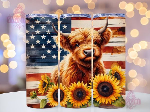 Highland Cow Patriotic 20oz Tumbler Wrap Sublimation Design, Straight Tapered Tumbler Wrap, 4th Of July Tumbler Png, Instant Digital Download on Sale