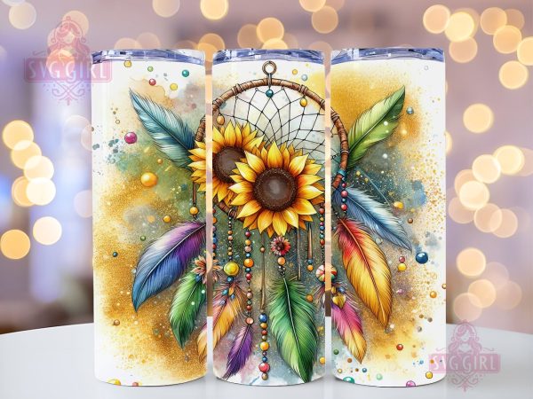 Dreamcatcher Feather Sunflower 20oz Tumbler Wrap Sublimation Design, Straight Tapered Tumbler Wrap, Dreamcatcher Tumbler Png, Instant Digital Download Supply