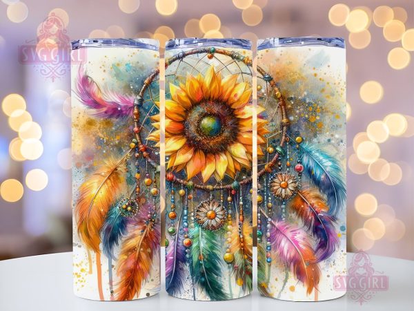 Dreamcatcher Feather Sunflower 20oz Tumbler Wrap Sublimation Design, Straight Tapered Tumbler Wrap, Dreamcatcher Tumbler Png, Instant Digital Download on Sale
