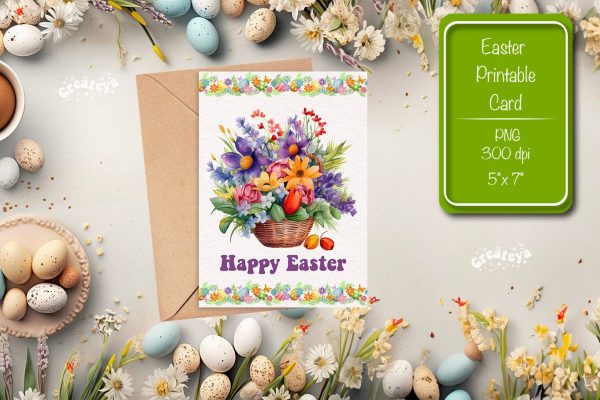 Printable Easter card Watercolor Easter Flowers Spring card Online Sale