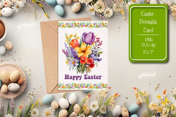 Printable Easter card Watercolor Easter Flowers Spring card Supply