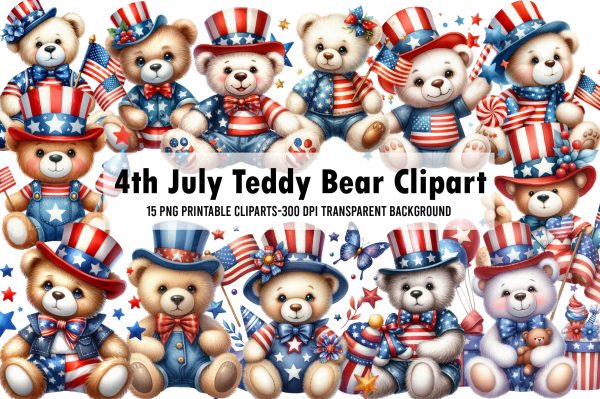 Watercolor 4th July Teddy Bear Clipart Discount