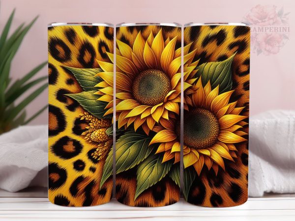 Sunflowers And Gold Leopard 20oz Tumbler Wrap PNG, Sunflowers Tumbler Png, Straight & Tapered Tumbler Wrap, Instant Digital Download For Discount