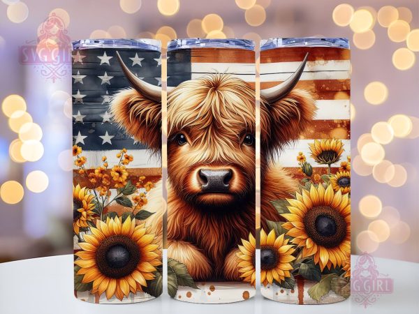 Highland Cow Patriotic 20oz Tumbler Wrap Sublimation Design, Straight Tapered Tumbler Wrap, 4th Of July Tumbler Png, Instant Digital Download Online Hot Sale