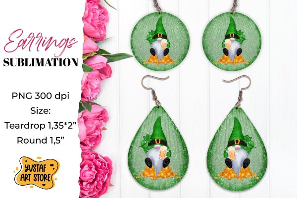 Patrick s Day Gnome Earrings Sublimation. Teardrop and Round on Sale