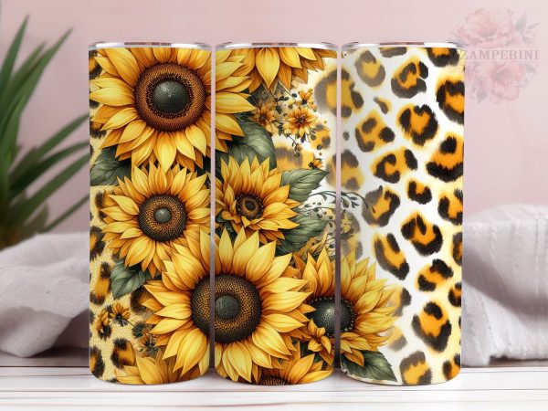 Sunflowers And Gold Leopard 20oz Tumbler Wrap PNG, Sunflowers Tumbler Png, Straight & Tapered Tumbler Wrap, Instant Digital Download For Discount