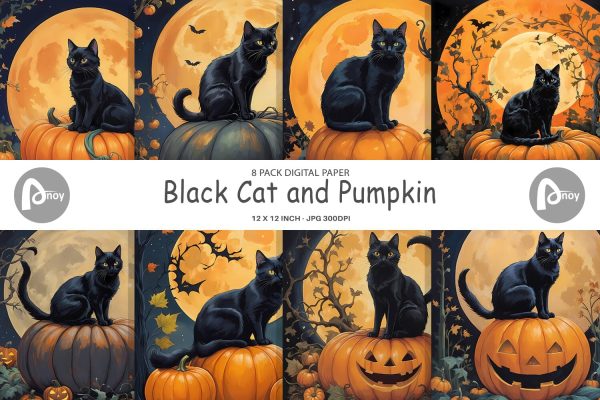 Digital Paper Black Cat and Pumpkin Fashion
