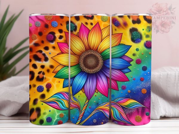 Leopard Sunflower Rainbow 20oz Tumbler Wrap PNG, Straight & Tapered Tumbler Wrap, Tie Dye Sunflower Tumbler PNG, Instant Digital Download Sale
