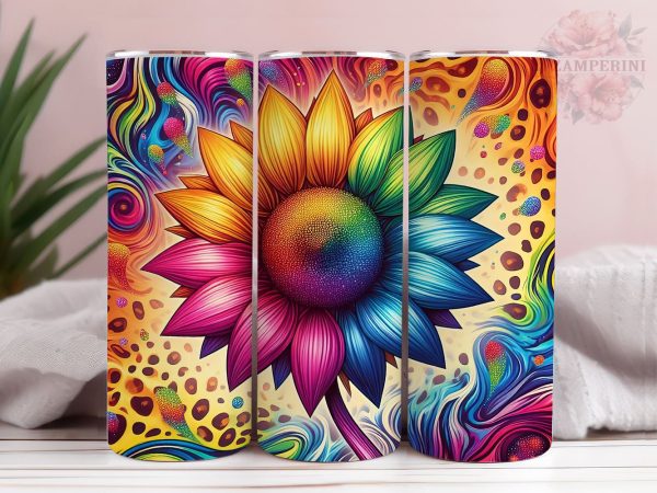 Leopard Sunflower Rainbow 20oz Tumbler Wrap PNG, Straight & Tapered Tumbler Wrap, Tie Dye Sunflower Tumbler PNG, Instant Digital Download Online
