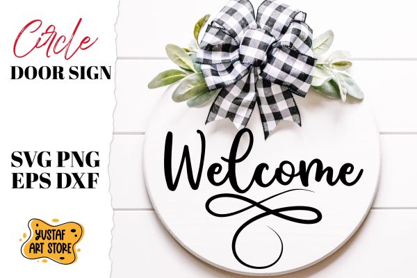 Welcome door sign. Circle door sign SVG design Online now