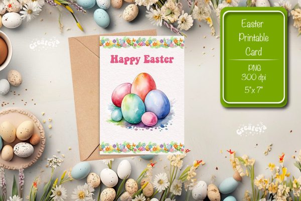 Printable Easter card Easter egg watercolor postcard Kids Easter Discount