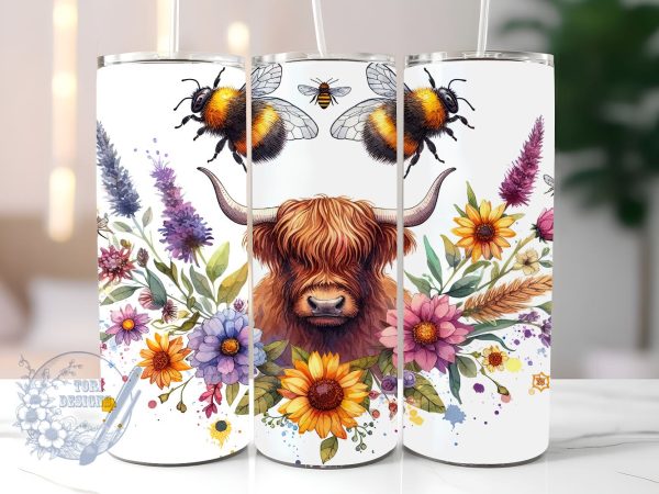 Highland Cow 20 oz Skinny Tumbler Sublimation Design, Bee Floral Tumbler Png, Straight & Tapered Tumbler Wrap, Instant Digital Download Discount