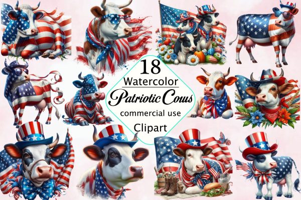 Watercolor Patriotic Cows Clipart Bundle on Sale