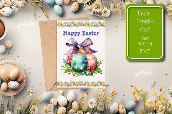 Printable Easter card Easter egg watercolor postcard Kids Easter Online now