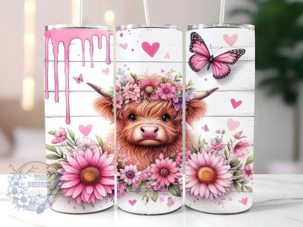Pink Sunflowers Baby Highland Cow 20 oz Skinny Tumbler, Highland Cow Tumbler Png, Straight & Tapered Tumbler Wrap, Instant Digital Download Fashion