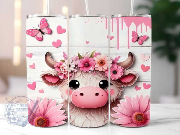 Pink Sunflowers Baby Highland Cow 20 oz Skinny Tumbler, Highland Cow Tumbler Png, Straight & Tapered Tumbler Wrap, Instant Digital Download on Sale