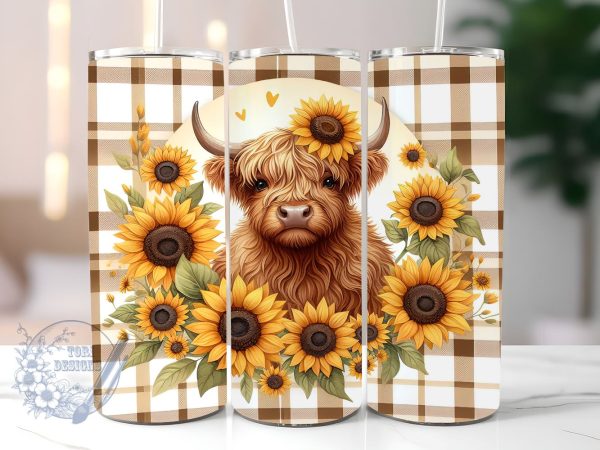 Highland Cow Fall Sunflowers 20 oz Skinny Tumbler, Highland Cow Tumbler Png, Straight & Tapered Tumbler Wrap, Instant Digital Download Sale