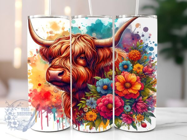 Highland Cow Floral 20 oz Skinny Tumbler Sublimation Design, Baby Highland Cow Tumbler Png, Straight & Tapered Tumbler Wrap, Instant Digital Download Discount