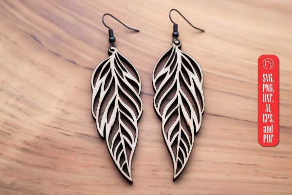 Boho Feather Shape Wood Earring SVG on Sale