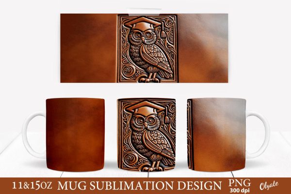 Leather Texture Mug PNG. Owl Graduation Sublimation PNG Online Sale
