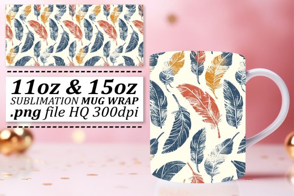 Elegant Feather Pattern Mug Sublimation: 11oz 15oz Vibrant Charm Supply
