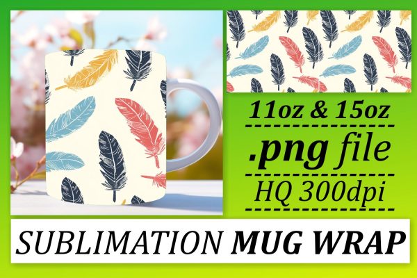 Playful Colorful Feather Mug Sublimation: 11oz 15oz Trendy Whimsy Discount