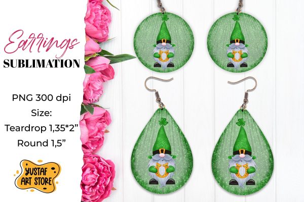 Patrick s Day Gnome Earrings Sublimation. Teardrop and Round For Discount