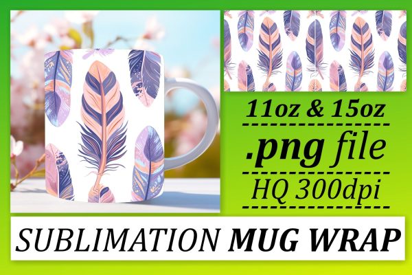 Vibrant Feather Pattern Mug Wrap: Sublimation Whimsical Collection 11oz 15oz Online