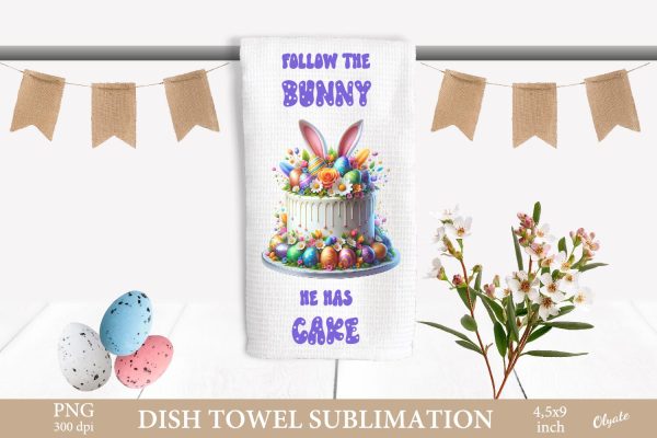 Follow the Bunny He Has Cake. Easter Bunny Dish Towel PNG Discount