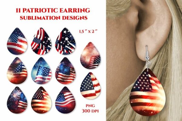 Patriotic earrings. Earring sublimation. American flag PNG Supply