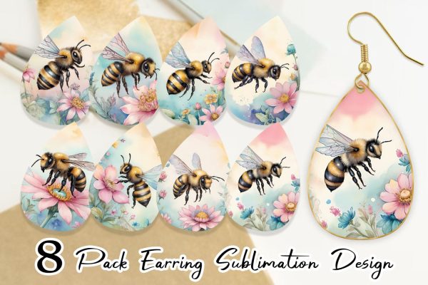 Earring Watercolor Bee Flowers Online Hot Sale