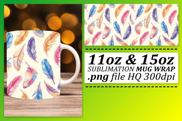 Playful Feather Pattern Mug Sublimation: 11oz 15oz Chic Whimsy Hot on Sale