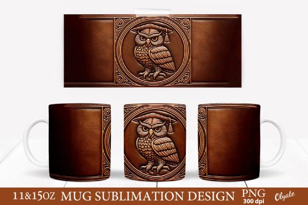 Owl Graduation Mug PNG. Leather Sublimation PNG. 11 OZ, 15 OZ Supply