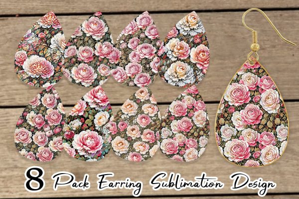 Earring Teardrop Watercolor Roses Pattern Supply