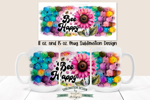 Pink Sunflower Bee Happy 11 & 15 oz Sublimation Mug Design Online Sale