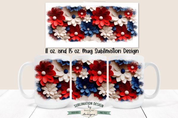 Red White Blue 3D Floral 11 & 15 oz Mug Sublimation Design Online Sale