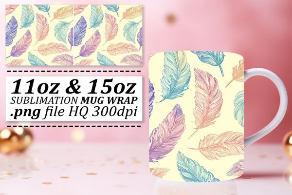 Chic Feather Pattern Mug Wrap: Sublimation Trends 11oz 15oz Online Sale