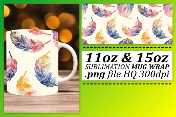 Chic Feather Pattern Mug Wrap: Sublimation Elegance for 11oz 15oz Hot on Sale
