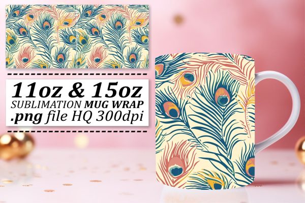 Elegant Feather Pattern Mug Wrap: Sublimation Joyful Designs 11oz 15oz Online