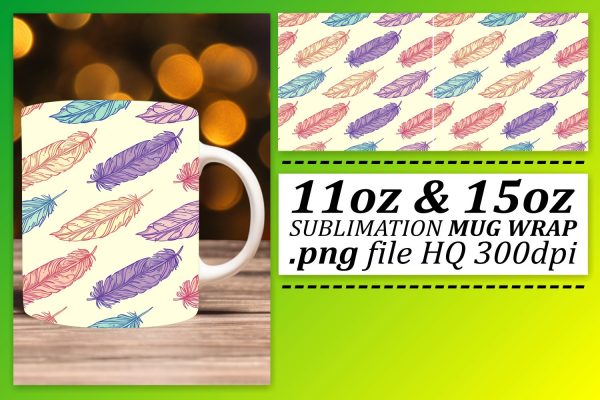 Playful Feather Pattern Mug Wrap: Sublimation Fun 11oz 15oz Sale