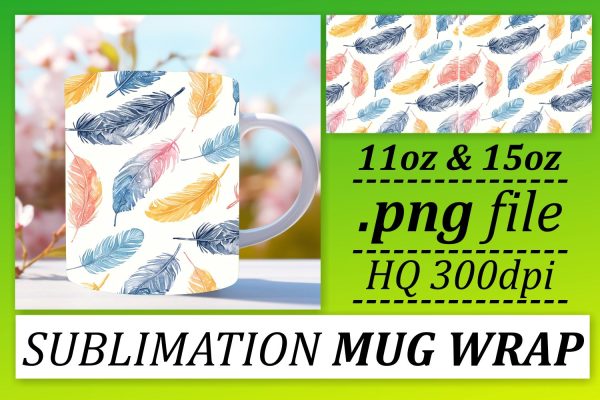 Whimsical Colorful Feather Mug Sublimation: 11oz 15oz Charm Online now