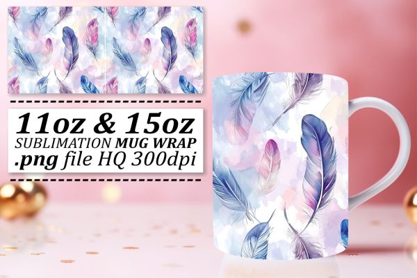 Chic Colorful Feather Mug Sublimation: 11oz 15oz Vibrant Patterns on Sale