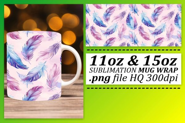 Whimsical Feather Pattern Mug Wrap: Sublimation for 11oz 15oz Cups Discount