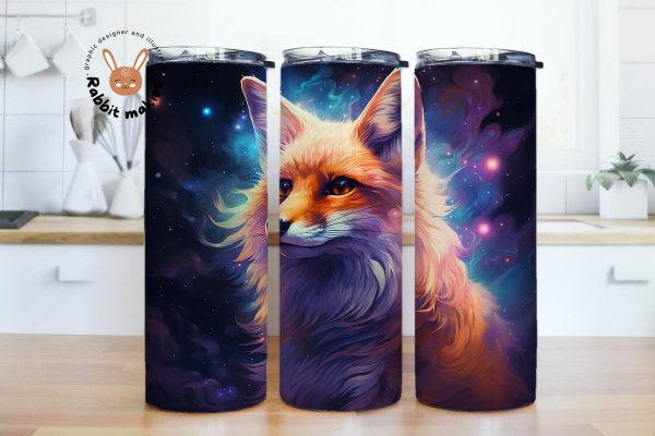 Fox & Starry Night Sky Design, Fox 20 oz Skinny Straight Tumbler Sublimation Design, colorful fox looking up at the sky with stars PNG Digital Download Sale