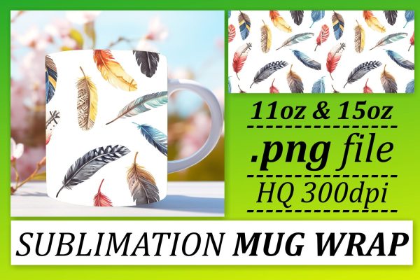Chic Feather Mug Wrap: Sublimation Vibrant Elegance For Sale