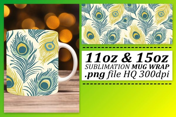 Elegant Feather Pattern Mug Wrap: Sublimation Trends 11oz 15oz Online Hot Sale